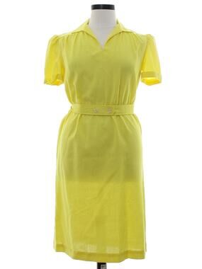 Vintage 70s Yellow Shirt Dress Cotton Belted Midi Collared Boho Women's Medium